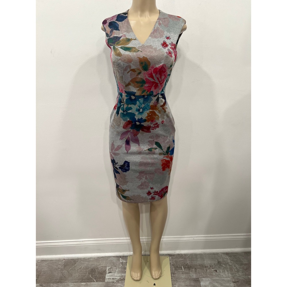 Calvin Klein Scuba Sheath Dress V-Neck Floral Pockets Womens Size 2 Gray Multi